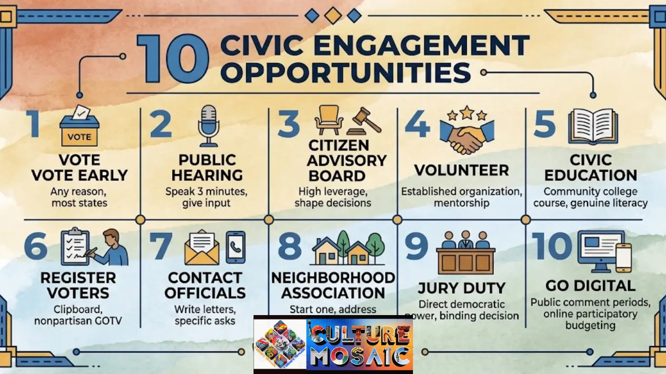 An encouraging infographic titled "10 CIVIC ENGAGEMENT OPPORTUNITIES." It features ten numbered, illustrated sections on a clean blue and white background, detailing concrete actions for community involvement, including voting, attending public hearings, volunteering, and serving on boards or juries.