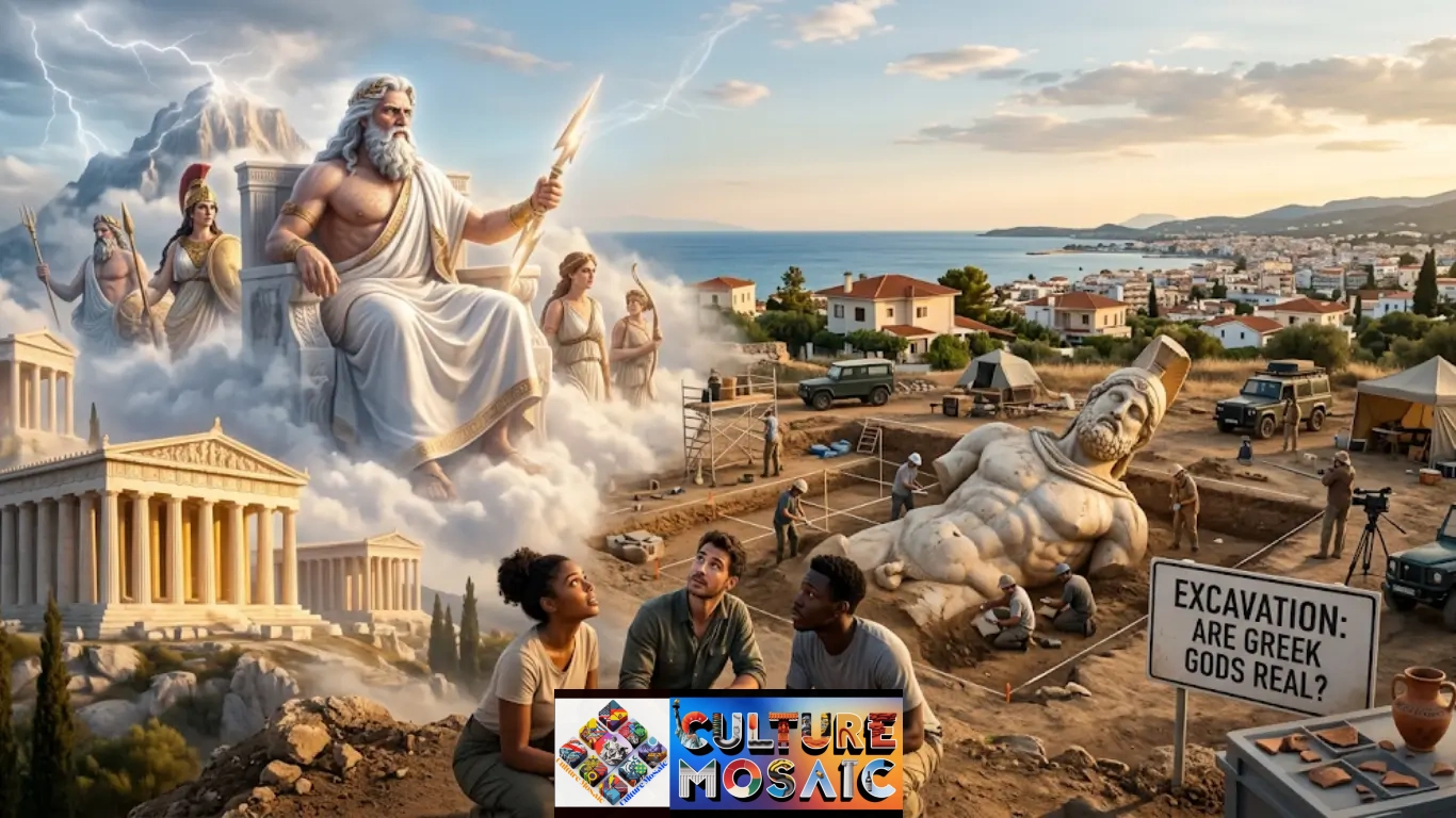 A dynamic composition contrasting a modern archaeological dig in Greece with ancient Greek gods—Zeus, Athena, and Poseidon—sitting among temple ruins and clouds above. Three young researchers look on as a sign asks, "EXCAVATION: ARE GREEK GODS REAL?"