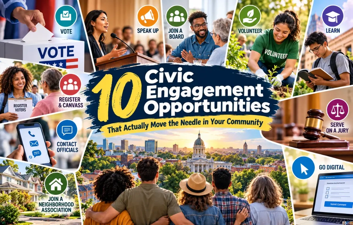 A collage graphic titled "10 Civic Engagement Opportunities That Actually Move the Needle in Your Community" surrounded by photos illustrating actions like voting, speaking at a podium, volunteering, joining a board, registering voters, contacting officials, and serving on a jury.