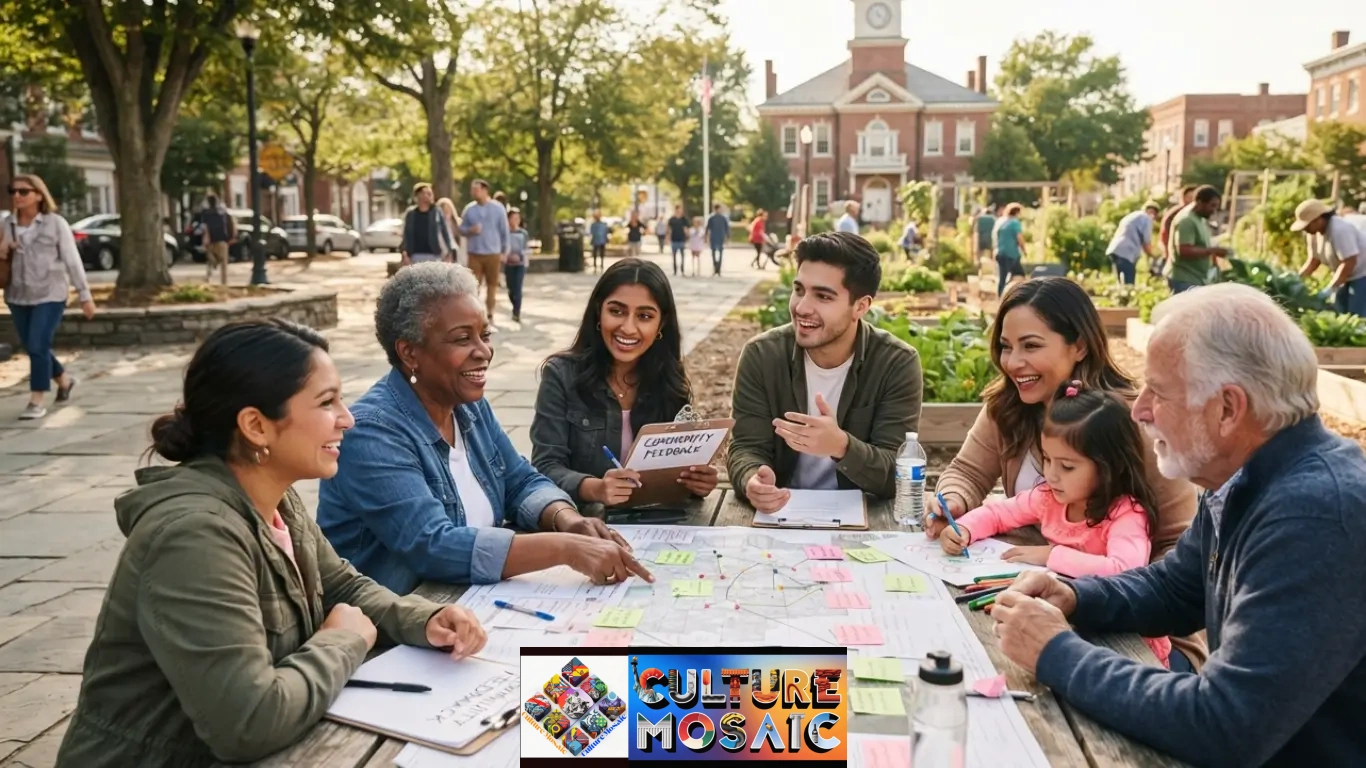 Civic Engagement: A diverse, intergenerational group of neighbors gathering around an outdoor wooden picnic table to collaborate on community planning maps and local civic feedback.