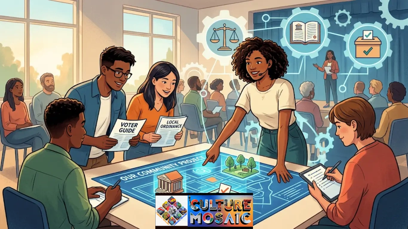 Civic Literacy: A wide editorial illustration showing a diverse group of young adults engaged in a town hall meeting. They are collaborating around a glowing blueprint table showing 3D community projects and structural icons (like a ballot box and scales of justice). Large graphic overlays symbolize how knowledge connects to community action.