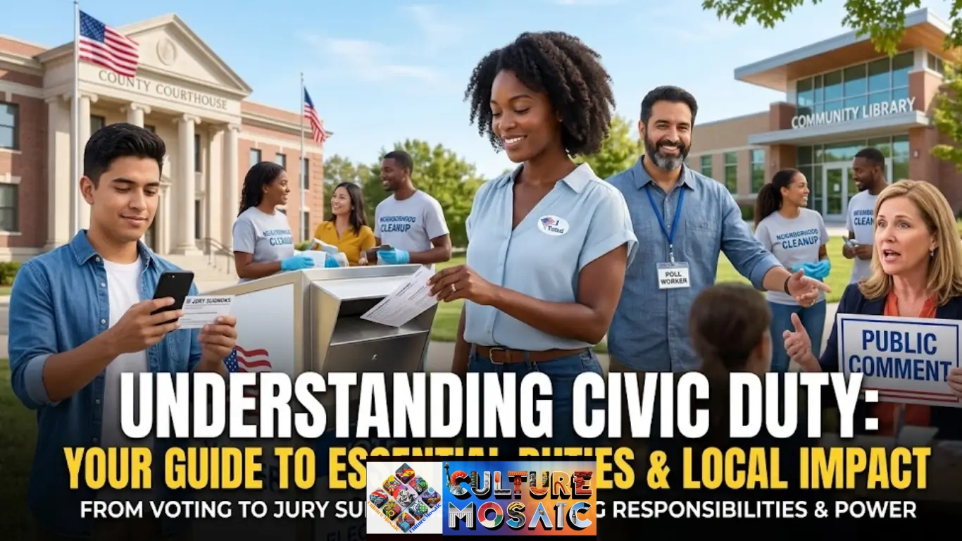 An engaging collage hero image featuring diverse individuals actively participating in various aspects of civic life, such as voting at a dropbox, reviewing a jury summons, and speaking at a town hall meeting. Prominent text reads: "UNDERSTANDING CIVIC DUTY: YOUR GUIDE TO ESSENTIAL DUTIES & LOCAL IMPACT."