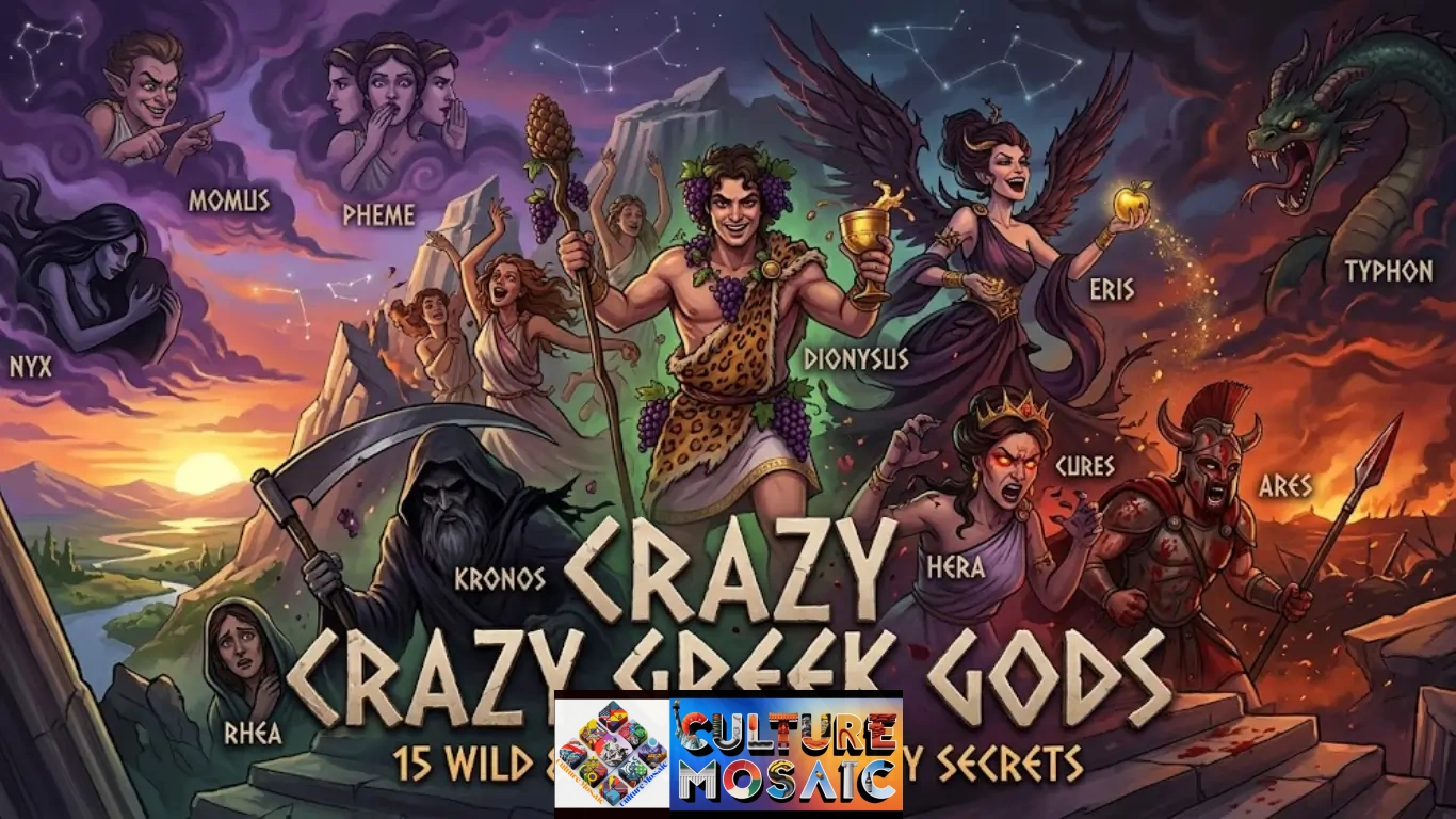 A dynamic, vibrant digital illustration titled "CRAZY GREEK GODS," featuring a stormy, chaotic gathering of deities including Dionysus with Maenads, Eris with her golden apple, and a fierce Ares. A fractured Mount Olympus is in the background.