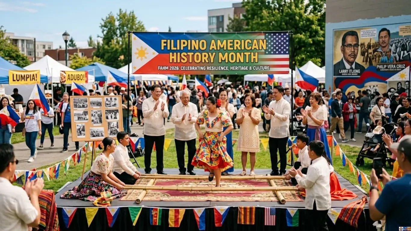 A vibrant community festival in Seattle celebrating Filipino American History Month, featuring a Tinikling dance performance, food stalls, and a large mural of labor leaders Larry Itliong and Philip Vera Cruz.