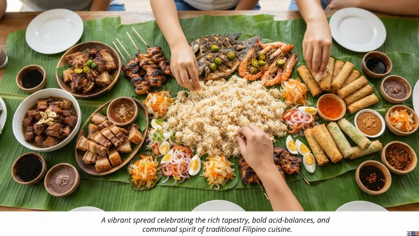 Traditional Filipino cuisine feast served on banana leaves with rice, adobo, lumpia, and grilled seafood