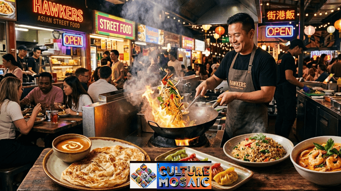 A panoramic view of a bustling Hawkers Asian Street Food night market. In the background, neon signs and glowing lanterns hang above people dining at communal tables. In the foreground, a vibrant spread of dishes like roti with curry sauce and colorful dumplings sits on a rustic wooden table. Behind the food, a smiling chef stir-fries noodles with flames flaring up from his wok, creating a sense of lively energy.
