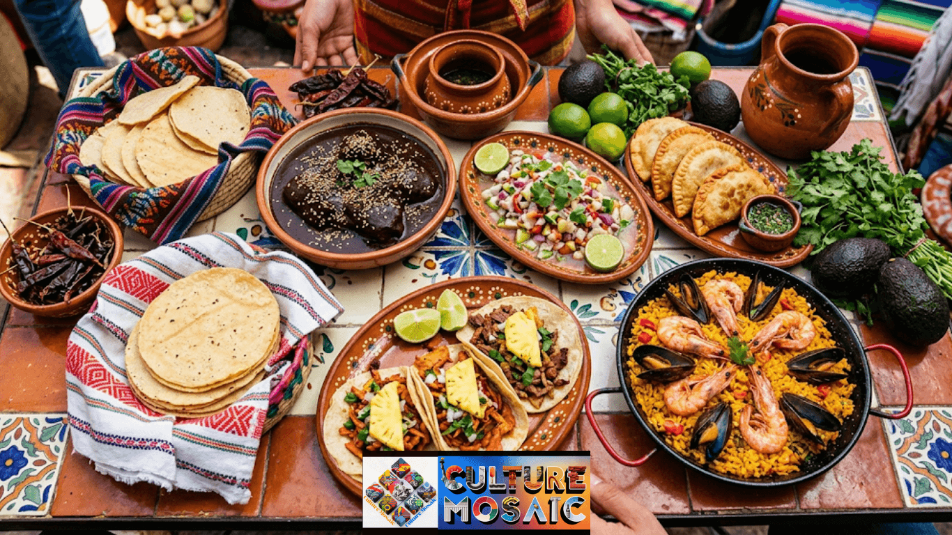A vibrant, overhead photo captures a wide array of Hispanic cultural foods arranged invitingly on a tiled rustic table. The diverse spread includes bowls of rich Oaxacan Mole Negro, fresh Peruvian ceviche, several crispy empanadas, and a large pan of seafood paella. Freshly made tortillas are stacked in baskets lined with traditional patterned textiles. Plates feature tacos al pastor and various salsas. Whole avocados, limes, and bundles of cilantro are tucked between the dishes. The composition suggests community and the celebration of culinary traditions.