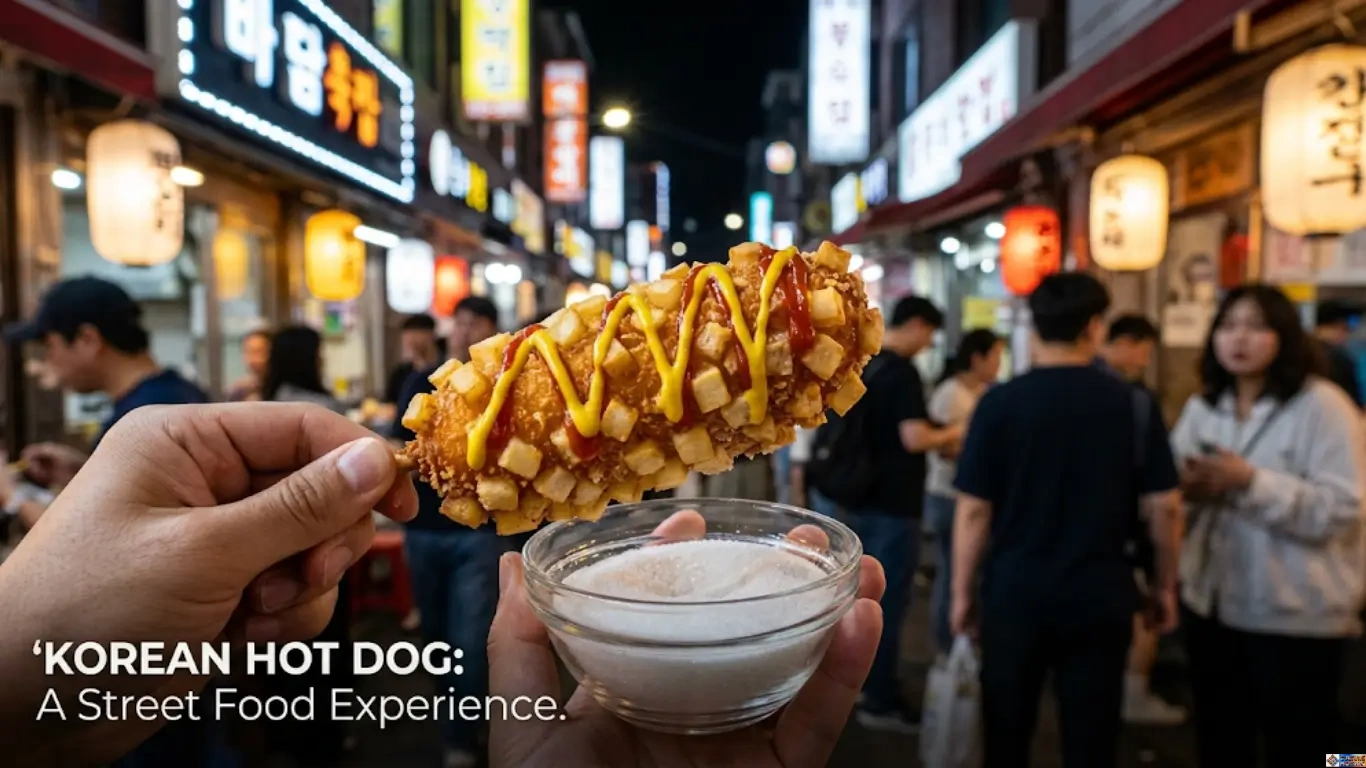 A close-up photograph capturing a golden-brown, potato-coated Korean Hot Dog on a skewer, with red ketchup and yellow mustard, held and about to be dipped into a small glass bowl of granulated sugar. A person's hand holds the hot dog and the sugar bowl in the foreground. The background is a lively, authentic Seoul night market, filled with bustling people, neon signs, and traditional lanterns, creating a warm, vibrant ambiance. A title overlay in the bottom left corner reads, 'KOREAN HOT DOG: A Street Food Experience.'