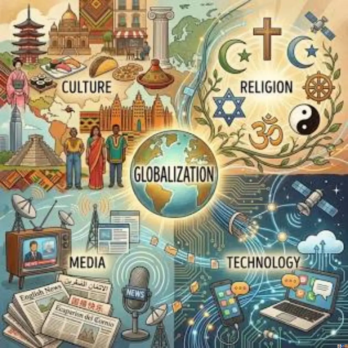 Conceptual illustration representing modern society, highlighting global connectivity, technology, digital media, and cultural heritage