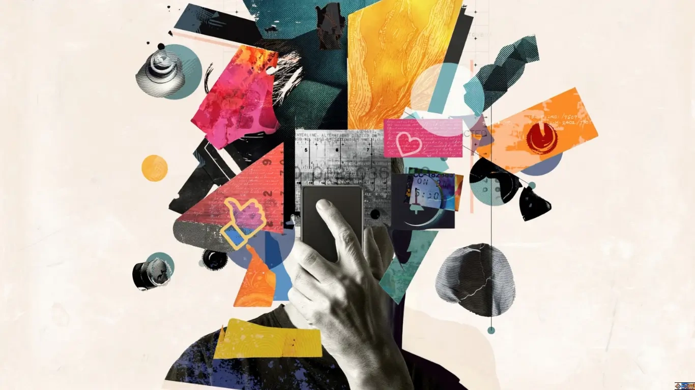 Modern culture: Abstract artistic collage depicting a human silhouette filled with digital media icons, smartphone interactions, colorful geometric patterns, and social connection symbols.