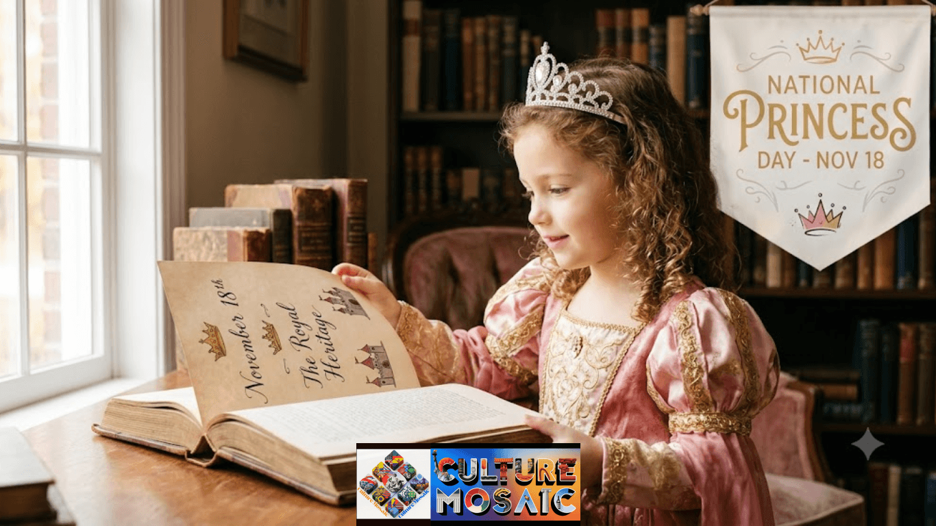 A young girl in a pink dress and sparkly tiara reading a royal book in a cozy library, featuring a banner for National Princess Day on November 18th.