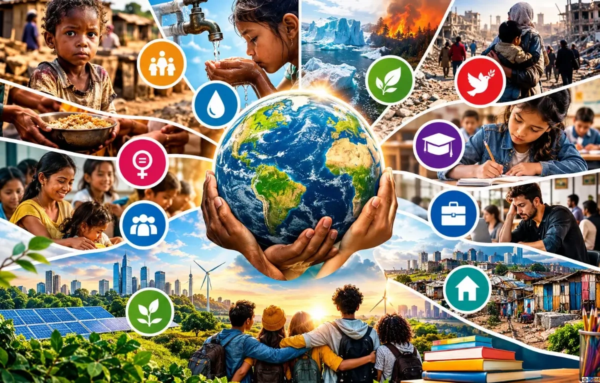 A vibrant conceptual graphic showing hands holding planet Earth surrounded by global challenges like climate change, poverty, education, and sustainable urban development icon badges.