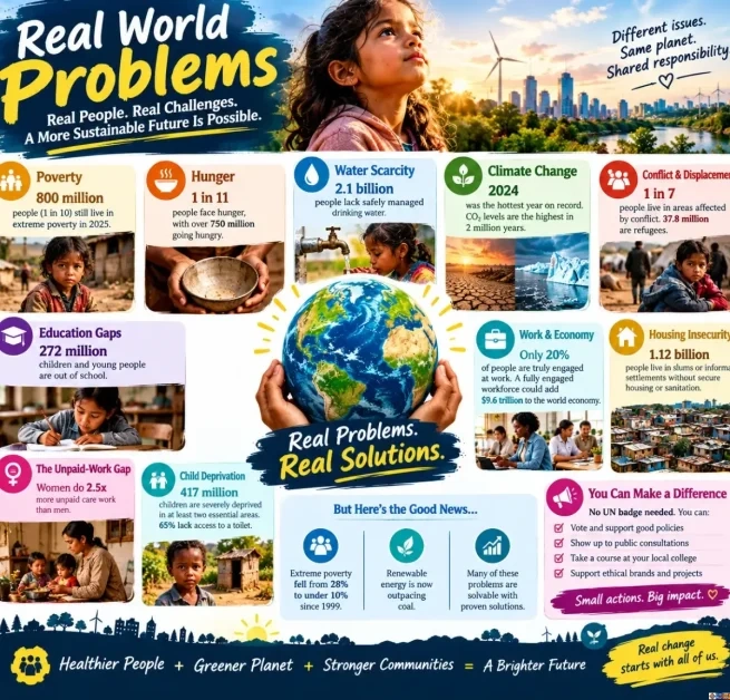 Infographic titled "Real World Problems: Real People, Real Challenges" highlighting key global statistics on poverty, hunger, water scarcity, climate change, education gaps, and housing insecurity alongside practical citizen solutions