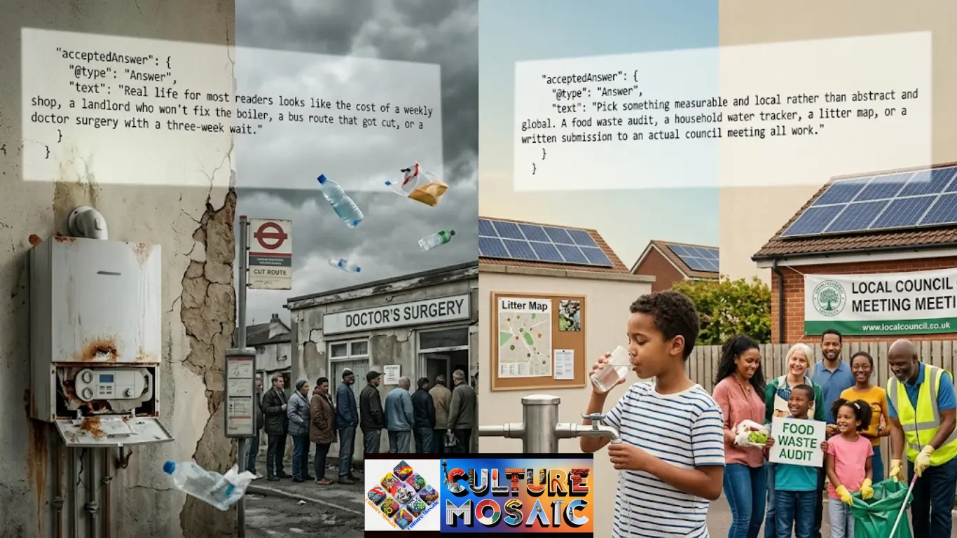 Conceptual photographic banner illustrating real world problems, contrasting global climate degradation and poverty on one side with renewable solar energy, clean water, and civic solutions on the other.