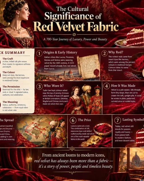 A comprehensive infographic titled The Cultural Significance of Red Velvet Fabric, breaking down its 700-year history across seven key sections covering origins, expensive insect dyes, sumptuary laws, and global courts.