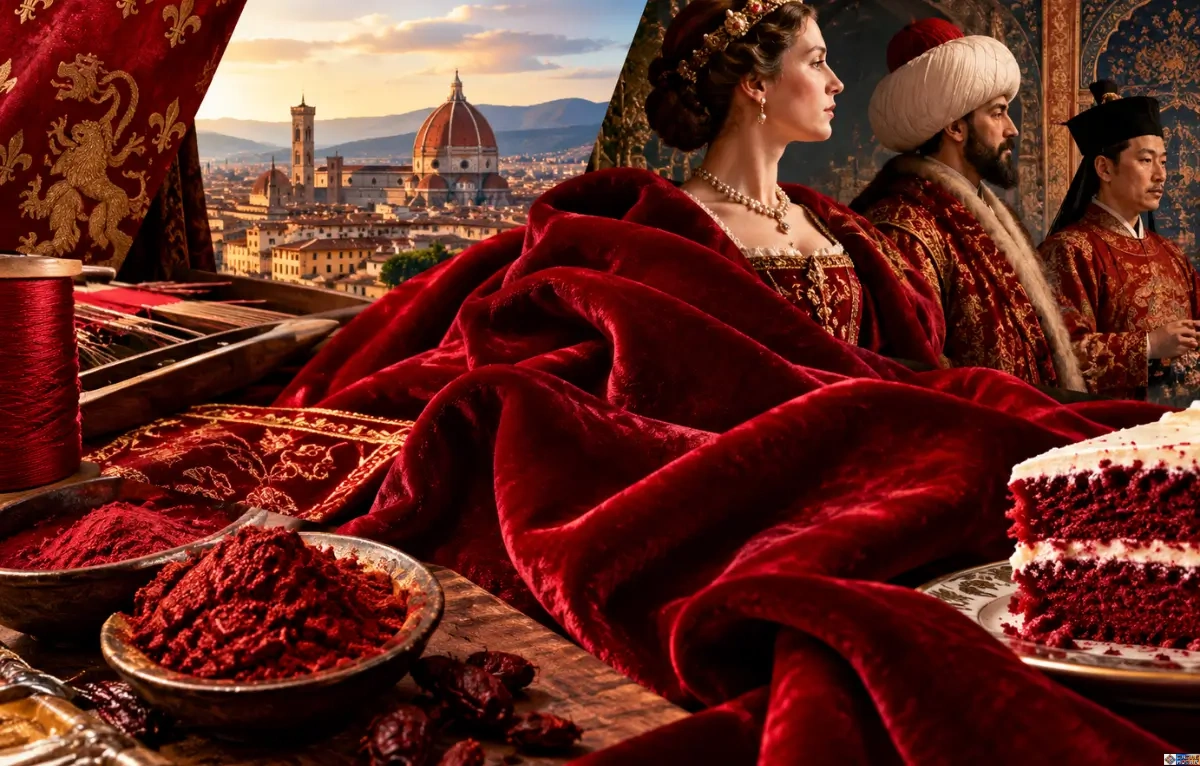 A rich collage depicting the cultural significance of red velvet fabric, featuring Renaissance Florence, crimson silk drapery, kermes dye pigment bowls, historical royal courts from Europe to China, and a slice of red velvet cake.