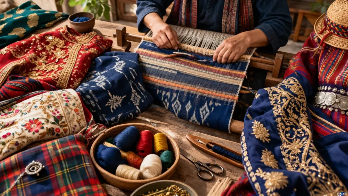 Artisan crafting traditional clothing styles and heritage textiles with gold embroidery, ikat weaving, and tartan fabric on a loom.