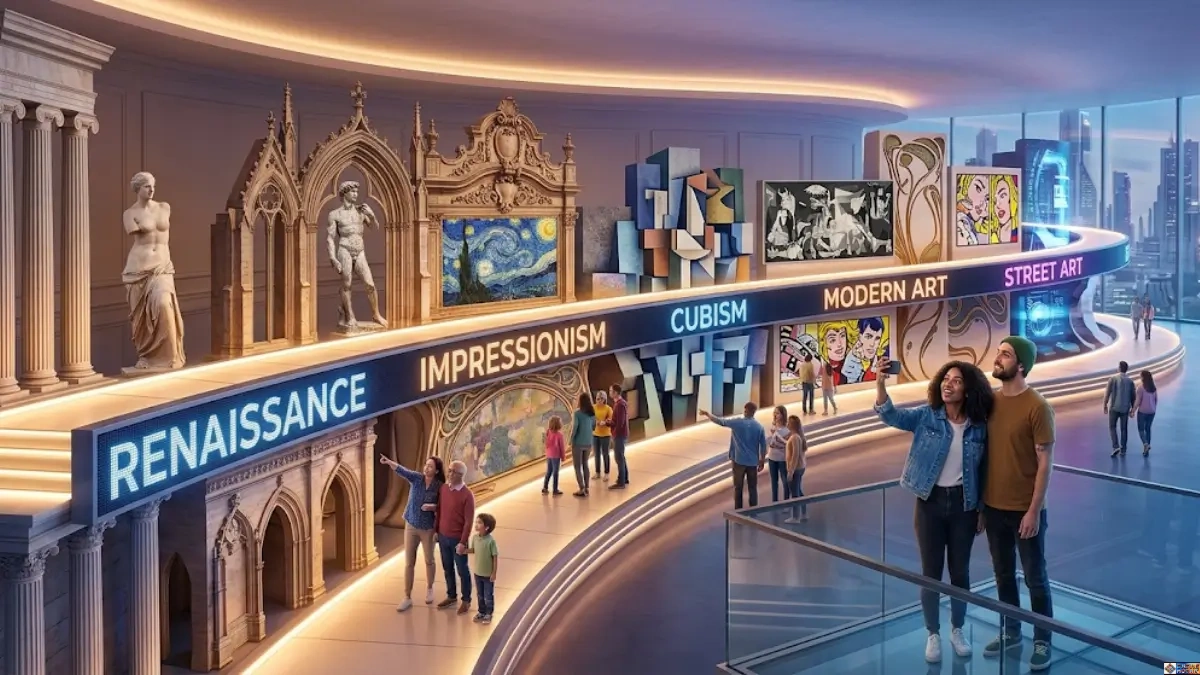 Types of Art Styles: A large-scale exhibition of historical art movements is presented as a winding timeline through a curated gallery. The immersive exhibit features prominent architectural styles and famous artworks representing different epochs, with sections clearly labeled for Renaissance, Impressionism, Cubism, Modern Art, and Street Art. A diverse crowd of people, including young adults and families, explores and takes photos of the engaging display, emphasizing the educational and interactive nature of the exhibit.