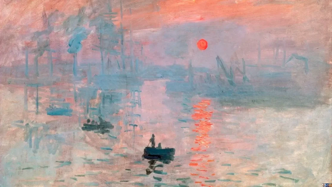 An Impressionist oil painting depicting a misty harbor at dawn with a striking orange sun casting a vibrant reflection across rippling blue-gray water.