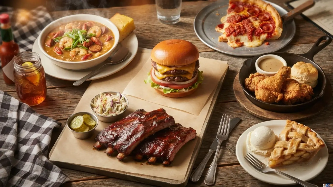 A rustic wooden table filled with iconic USA famous dishes including a double cheeseburger, glazed BBQ ribs, Louisiana gumbo, fried chicken, deep-dish pizza, and lattice apple pie.