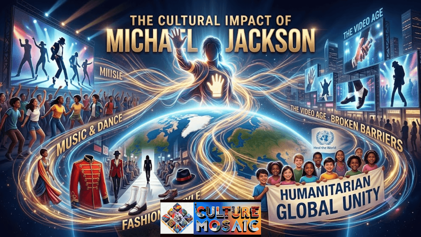 A dynamic panoramic composite image titled 'THE CULTURAL IMPACT OF MICHAEL JACKSON'. The artwork shows a faceless golden silhouette with a glowing glove radiating energy across a globe, connecting to vignettes illustrating 'MUSIC & DANCE', 'FASHION & STYLE', 'HUMANITARIAN', 'GLOBAL UNITY', 'VIDEO AGE', 'BROKEN BARRIERS', and 'FAN MOVEMENT'.