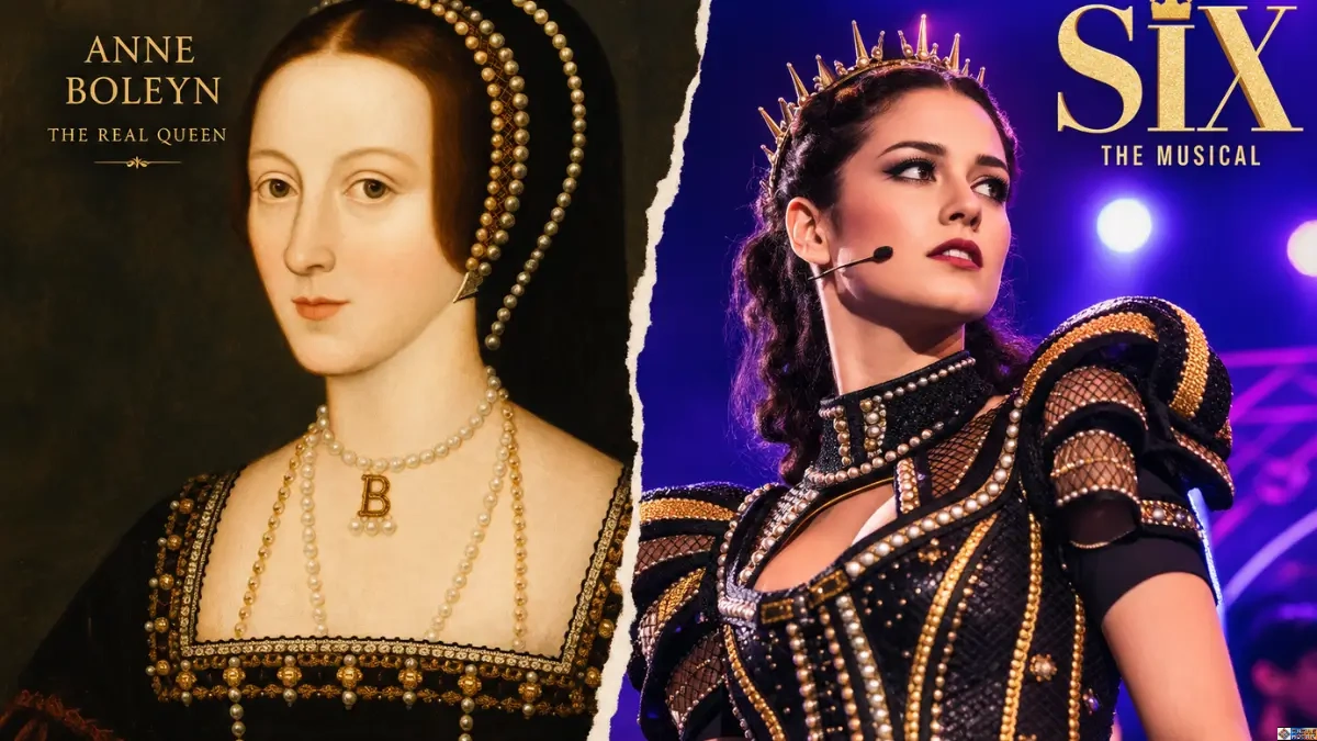 A split artwork of Queen Anne Boleyn depicting Anne Boleyn Six A Glimpse into History comparing her 16th-century Tudor portrait with her modern pop costume in SIX the Musical