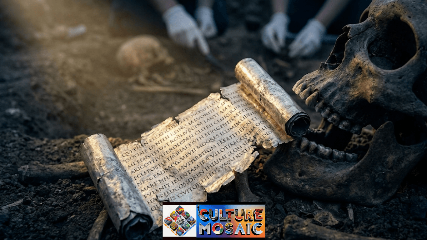 An archaeological close-up photograph capturing the Skeleton Amulet Christianity discovery: a fragile, ancient silver scroll resting against the jawbone of a skeleton in a Roman-era grave.