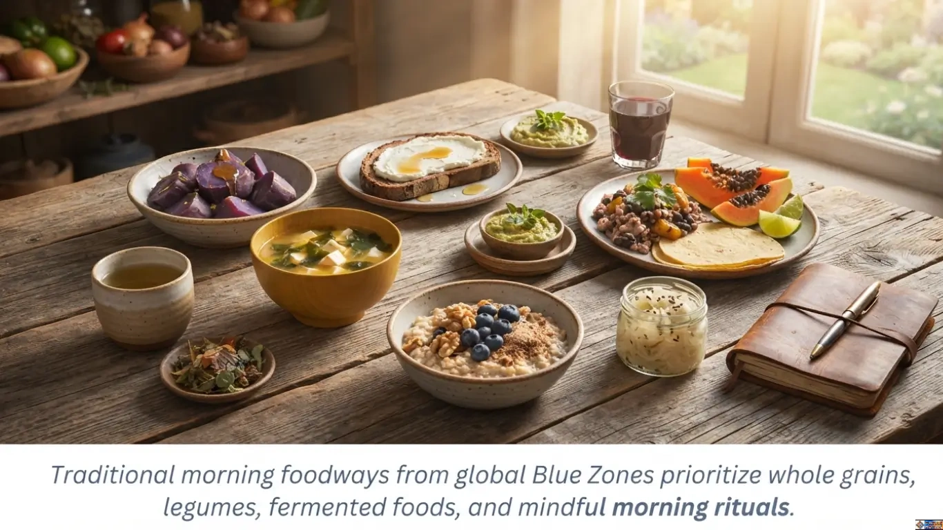 A traditional centenarian breakfast routine spread with purple sweet potatoes, miso soup, sourdough toast, steel-cut oats, and black beans on a rustic wooden table.