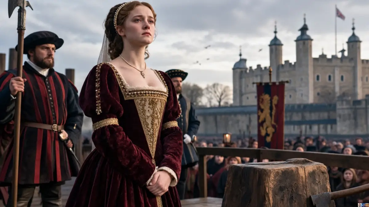 A dramatic historical depiction of Lady Jane Grey Last Words on the scaffold at the Tower of London in 1554