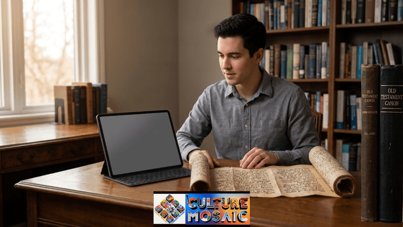 Wesley Huff Book of Enoch: A photograph of a man in a home library seated at a wooden desk with a window and bookshelves behind him. On the desk are a laptop on a stand, a large unrolled ancient scroll containing script, and a stack of five large, vintage books.