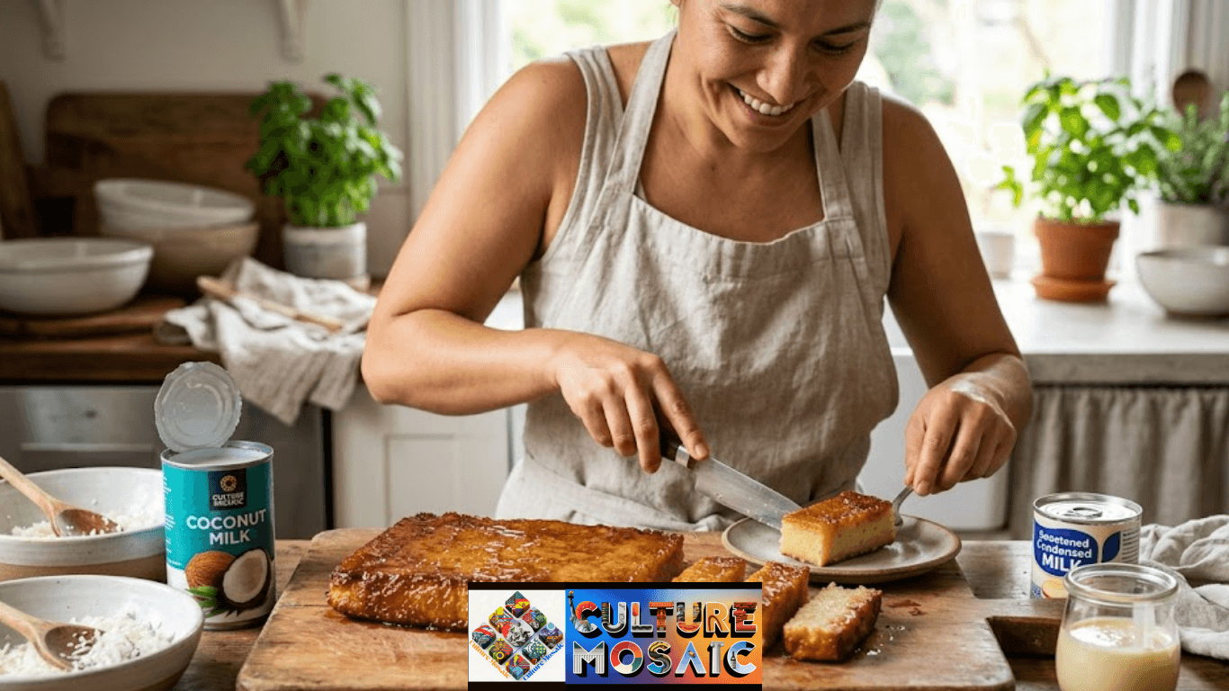 3 Ingredient Cassava Cake with Coconut Milk: A home baker, smiling while wearing a natural linen apron, uses a sharp knife and spatula to slice a baked 3-Ingredient Cassava Cake with Coconut Milk on a rustic wooden cutting board in a warm, naturally lit kitchen. The square cake has a glistening, deep amber caramelized glaze. On the worn wooden counter, surrounding the cake and cutting board, are the raw ingredients and tools: a can of 'Coconut Milk' with the Culture Mosaic logo, a tin of 'Sweetened Condensed Milk,' a glass jar of thick condensed milk glaze, and a ceramic bowl with grated cassava. The baker is focused on carefully plating a single, precise slice. The background is a gently blurred domestic kitchen with potted herbs near a window, emphasizing a authentic home-baking atmosphere.