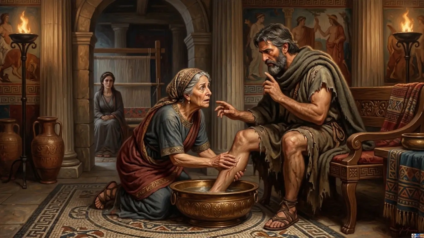 Classical oil painting of Eurycleia in The Odyssey, kneeling to wash the feet of a disguised Odysseus and recognizing his identity by tracing the scar on his thigh in a grand Ithacan palace hall.