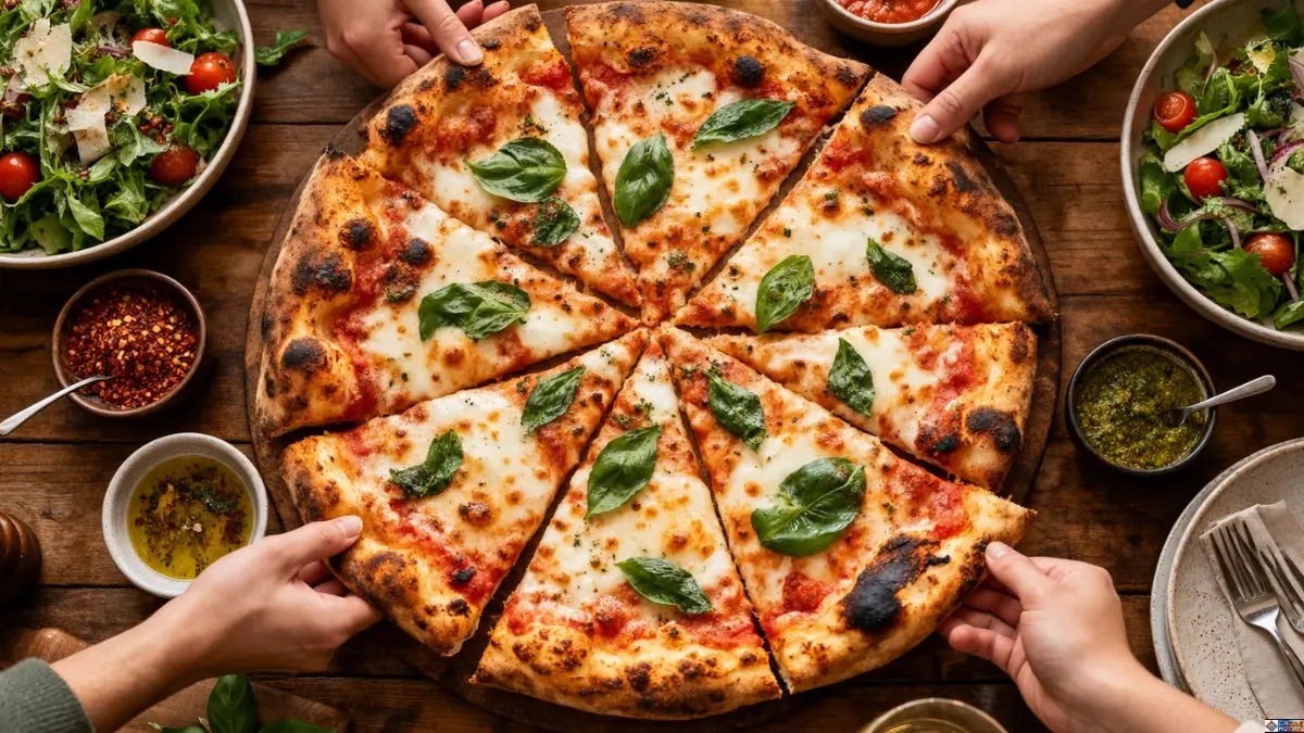 How Many People Does a 16 Inch Pizza Feed: Top-down view of a 16 inch extra-large Margherita pizza cut into 8 slices being shared by a group of people at a dining table.