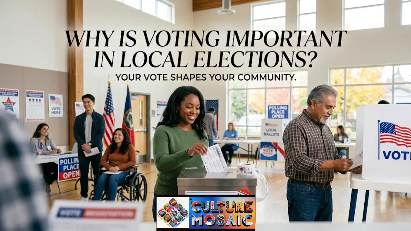 A vibrant hero image of diverse community members happily voting at a local polling station, featuring the large headline, 'WHY IS VOTING IMPORTANT IN LOCAL ELECTIONS? YOUR VOTE SHAPES YOUR COMMUNITY.'