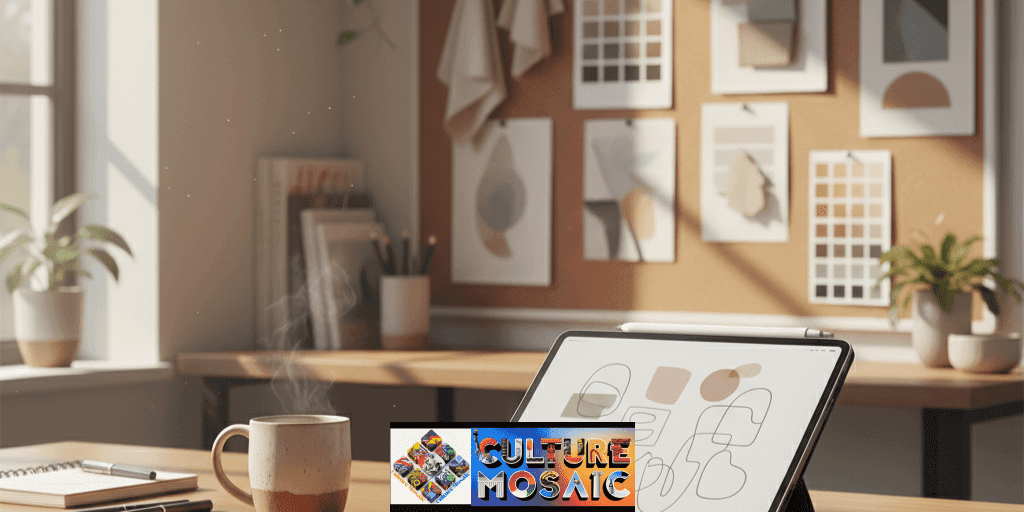 A creative studio workspace with a mood board and digital sketch, illustrating the professional consultation process for custom abstract art.