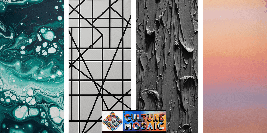 A visual comparison of four popular custom abstract art styles: fluid, geometric, textured impasto, and color field painting.