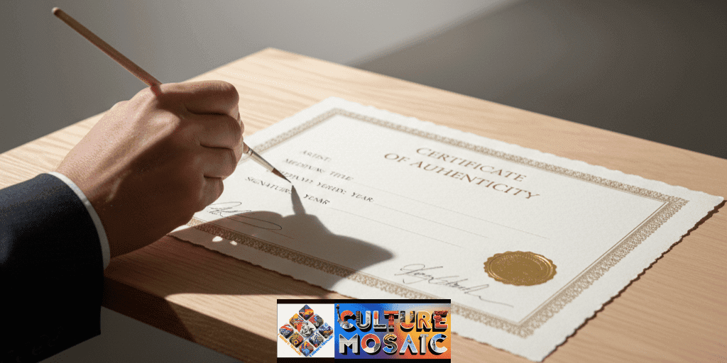 An artist signing a bespoke canvas next to an official Certificate of Authenticity, representing the long-term investment value of custom art.