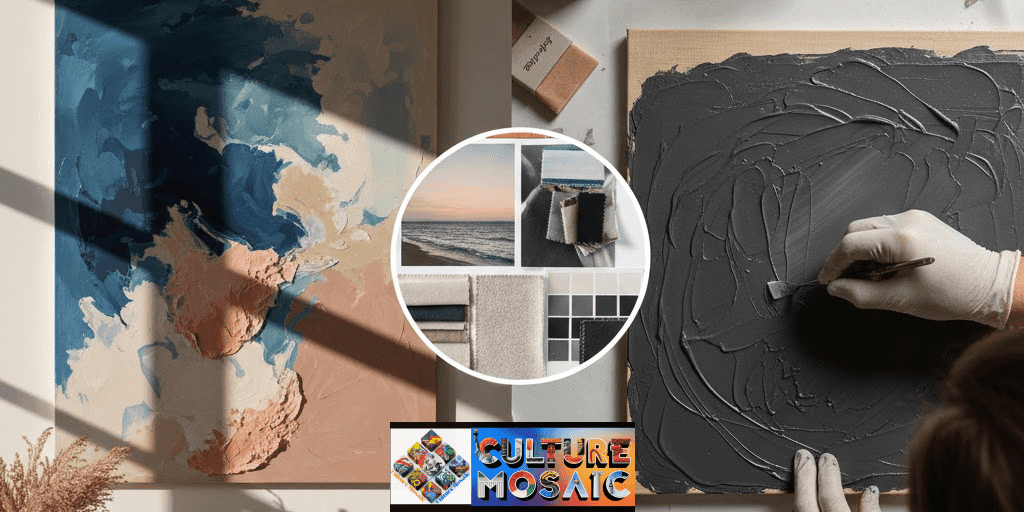 A split-screen visual showing the custom abstract art process: on the left, a finished textured painting in blue and terracotta tones hangs in a sunlit room; on the right, an artist’s hands in a studio work with palette knives and color swatches to create a bespoke commission.