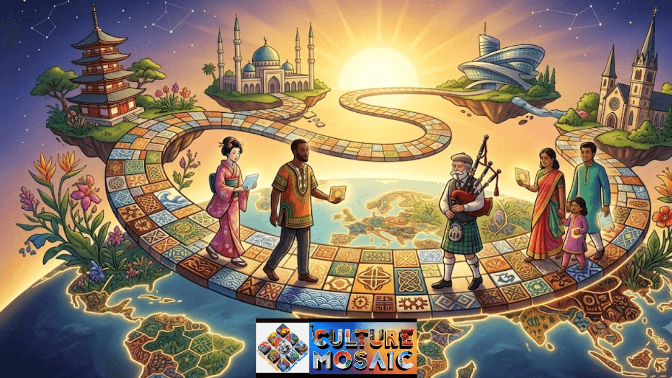Global Cultural Mosaic: An illustrative depiction showing a group of diverse individuals, including a Japanese woman in a kimono, an African man, a Scottish bagpiper, and an Indian family, all walking on a circular path made of patterned tiles that float above a world map globe. Above them, four floating islands hold significant architectural icons: a Japanese pagoda, an Islamic mosque, a modern futuristic skyscraper, and a Gothic church. A path leads from this cluster toward a large, bright sun on the horizon, set against a dark blue sky with constellations. The entire image has a whimsical, colorful, graphic novel art style.