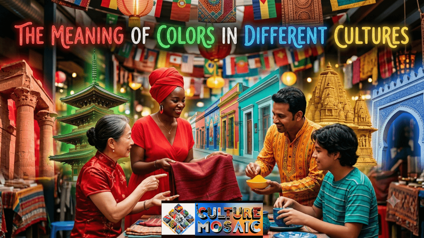 A panoramic hero image titled "The Meaning of Colors in Different Cultures," featuring a diverse group of four people interacting at a market table surrounded by iconic global architecture and colorful flags, symbolizing the cultural significance of red, yellow, green, and blue.