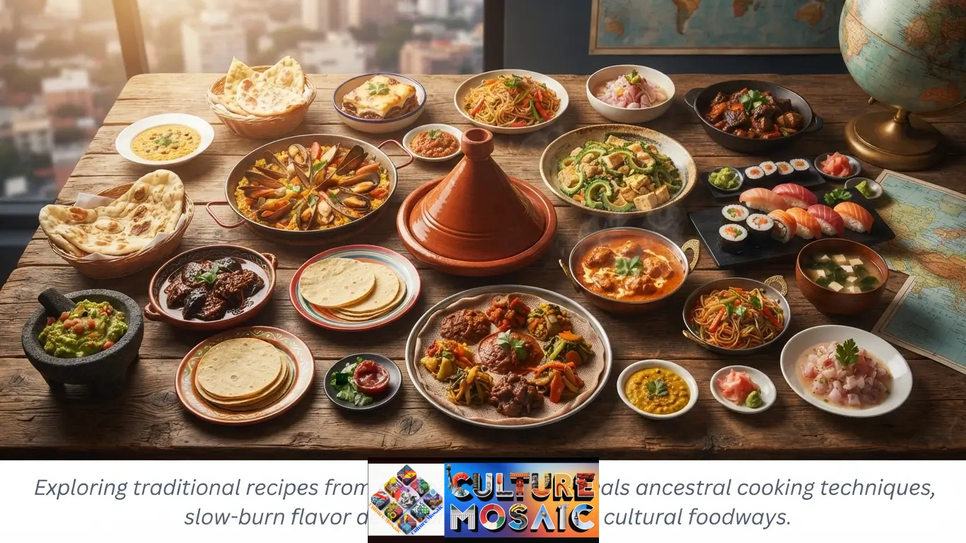 Traditional recipes from around the world displayed on a rustic table, featuring Moroccan tagine, Ethiopian injera, seafood paella, sushi, curry, and corn tortillas.