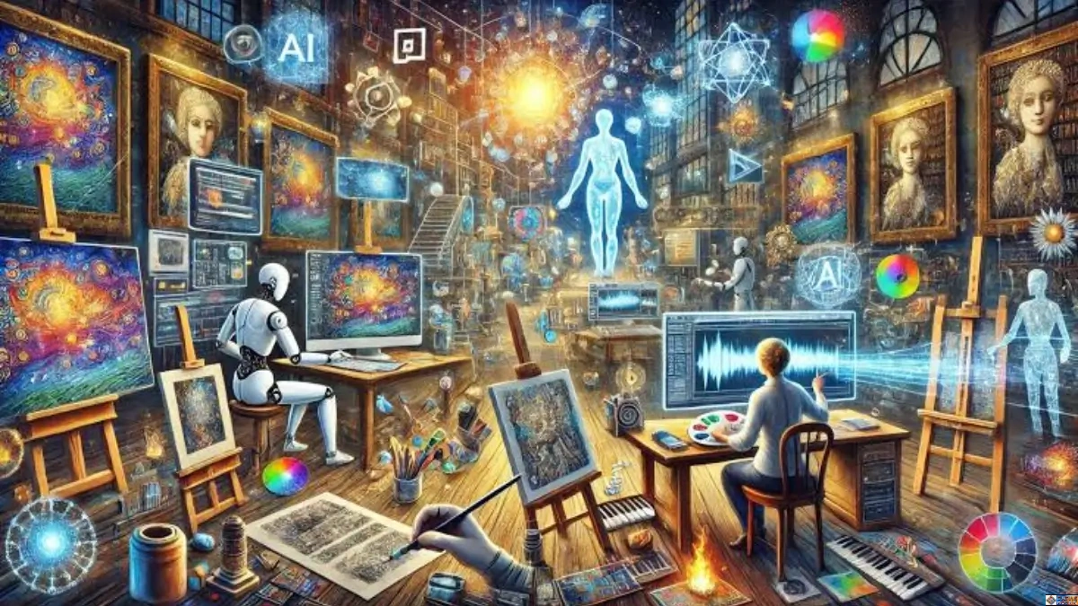 A high-tech art studio illustrating AI and cultural production, where human artists and generative algorithms collaborate on digital canvases and classical paintings.