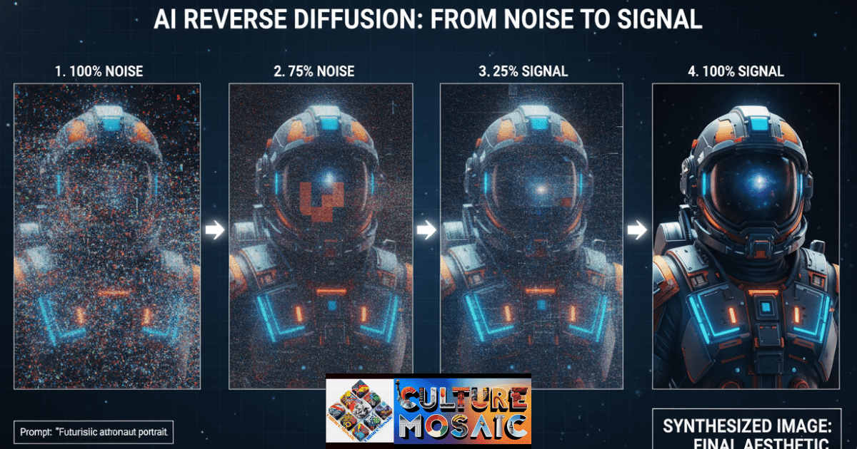 A step-by-step sequence of the reverse diffusion process in cutting-edge AI art generators.
