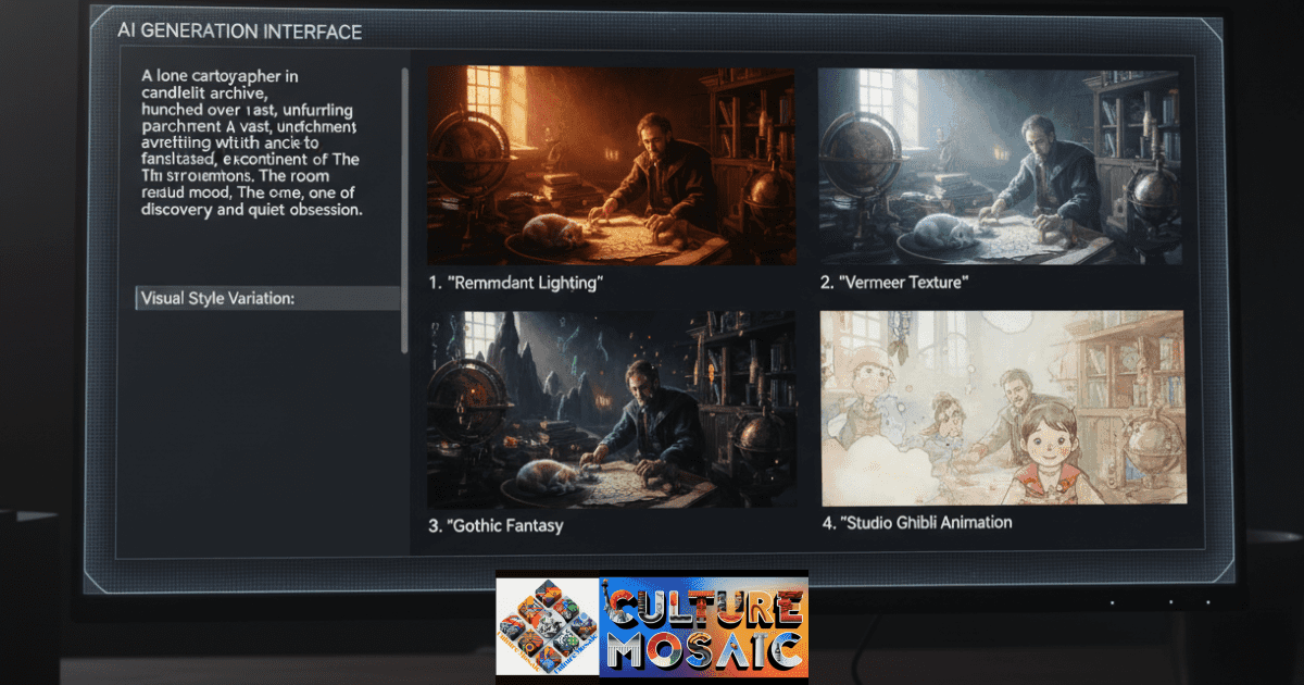 Digital interface showing the iterative process of prompt engineering and resulting AI image variations.