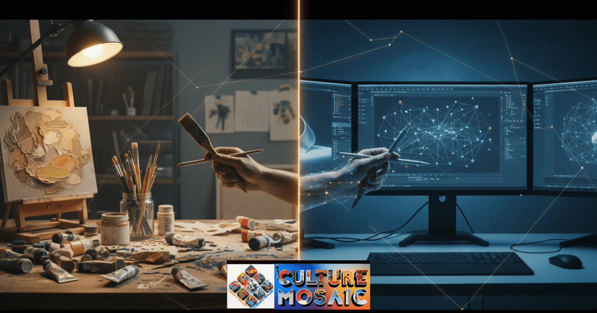 A split-screen visual representing the fusion of traditional oil painting and cutting-edge neural network art synthesis.