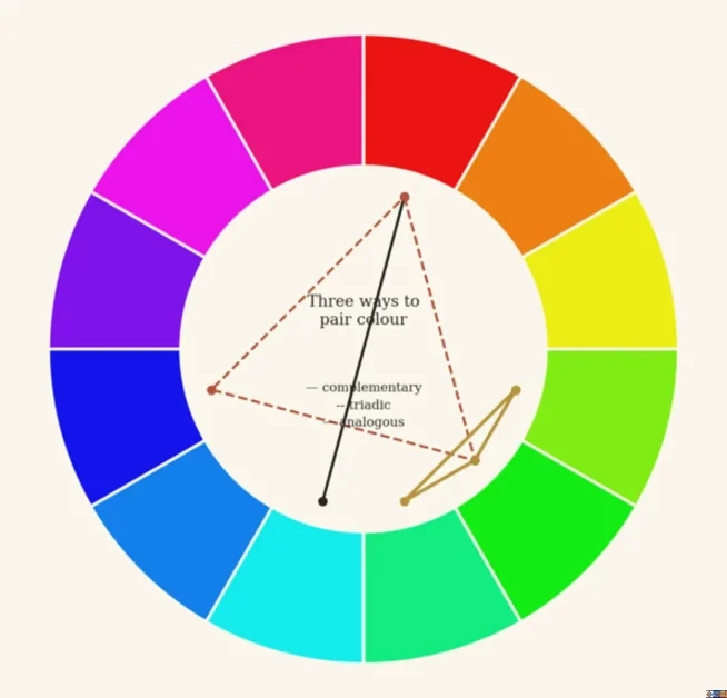 A 12-step color wheel diagram illustrating three color pairing methods: a solid line showing complementary colors opposite each other, a dashed triangle showing a triadic scheme, and connected points showing adjacent analogous colors.