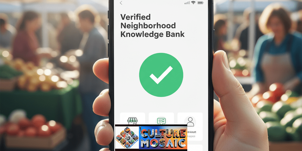 Close-up of a smartphone screen displaying a verified community fact-checking app at a local market, illustrating the practice of neighborhood information hygiene.