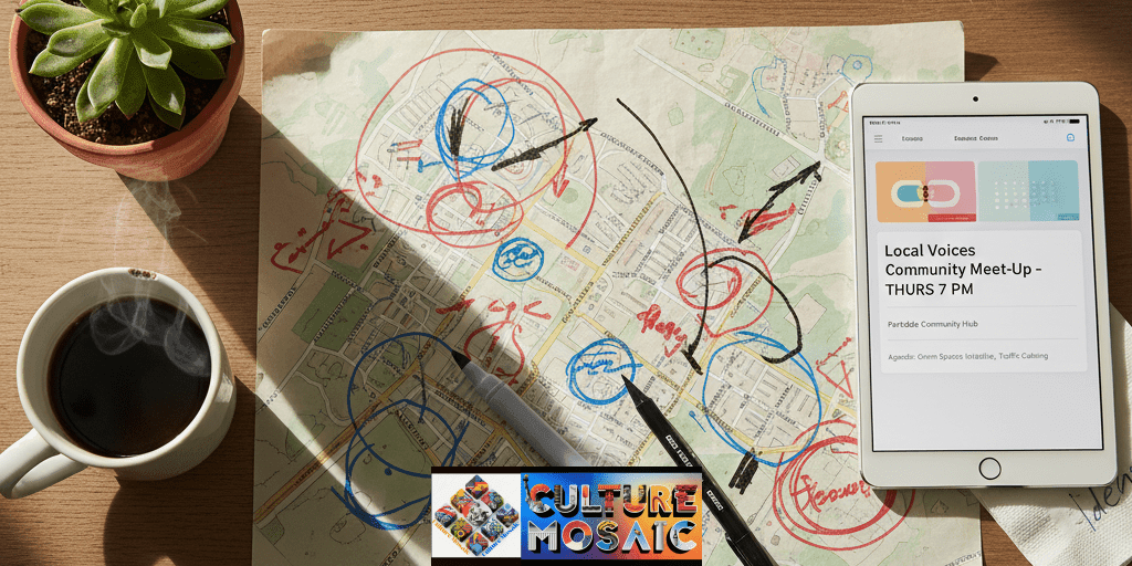 A wooden table top-down view featuring a hand-annotated neighborhood map, a coffee cup, and a digital tablet, representing the blend of personal connection and strategic community planning.