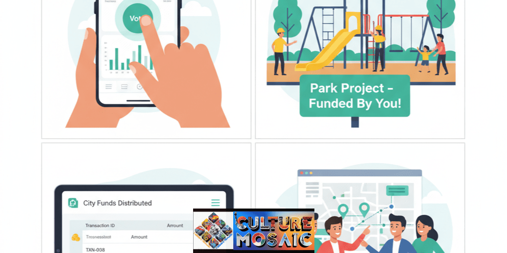 A modular graphic showing the direct link between a citizen's digital vote and the physical construction of a local playground, demonstrating the impact of participatory budgeting.