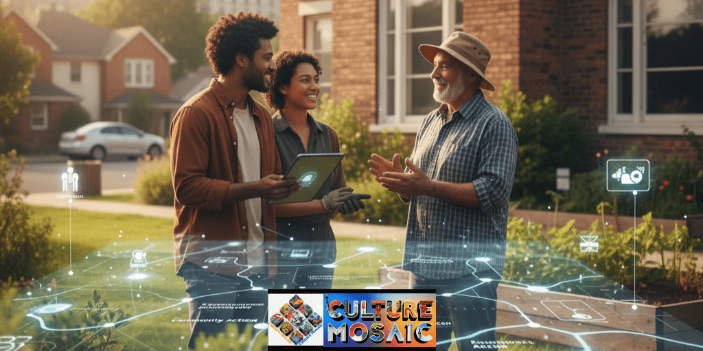 A diverse group of neighbors collaborating in a sunlit community park with a subtle, translucent digital map overlay showing local engagement nodes, symbolizing the fusion of digital tools and physical neighborhood action. Hyper Local Agency